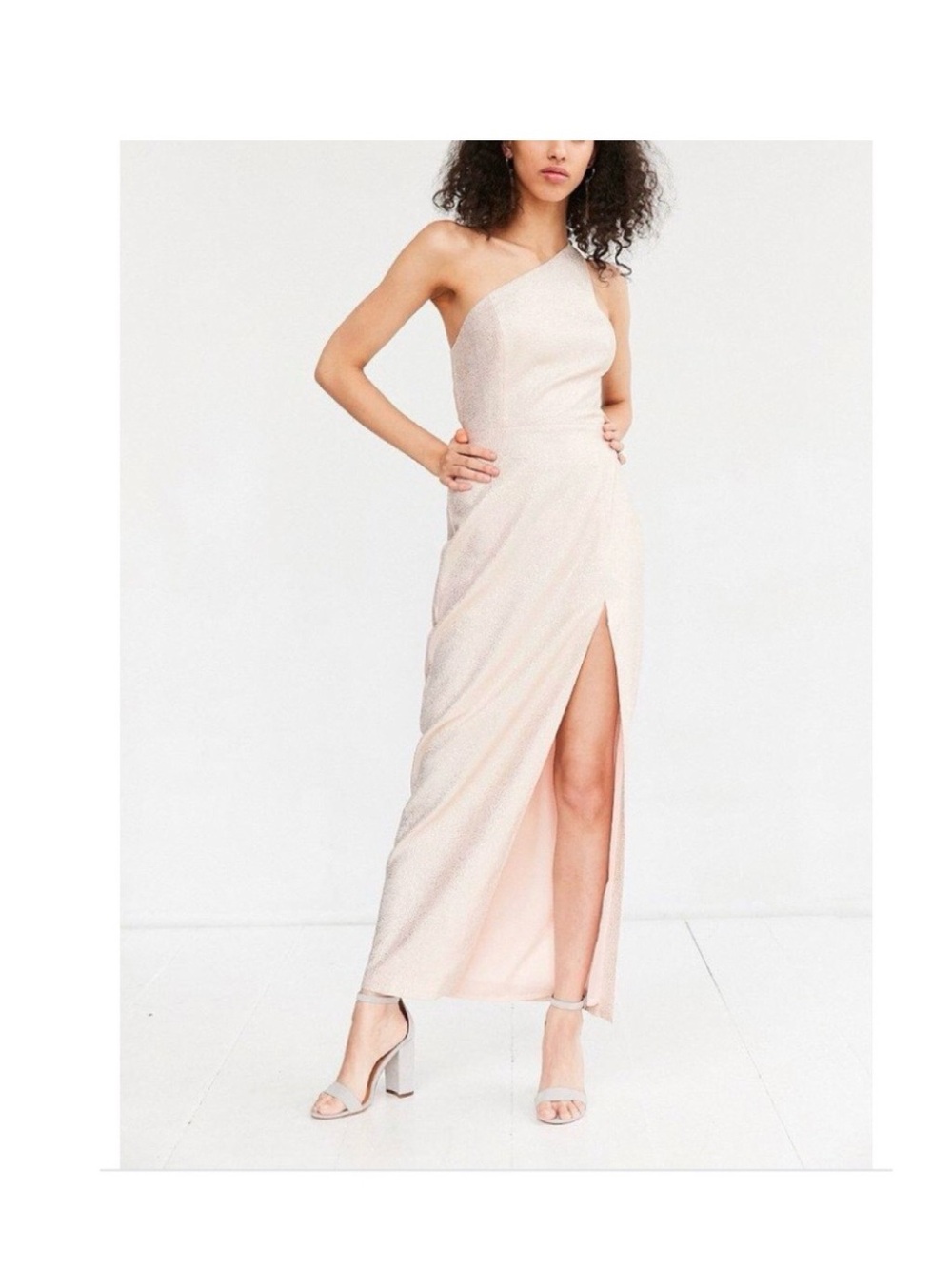 NWT silence + noise One-Shoulder Metallic Powder Pink Maxi Dress w/High Slit 10